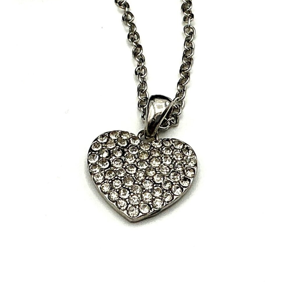 Silver-Tone Heart Pendant Necklace With Rhinestones On Adjustable Chain